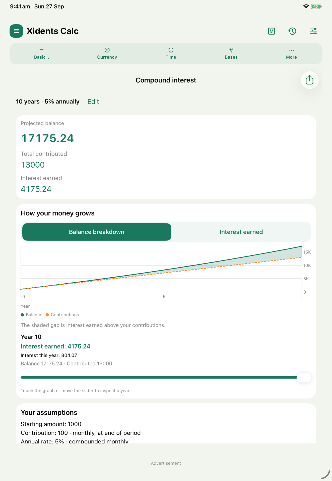 Savings projection with a chart of balance, contributions and interest.