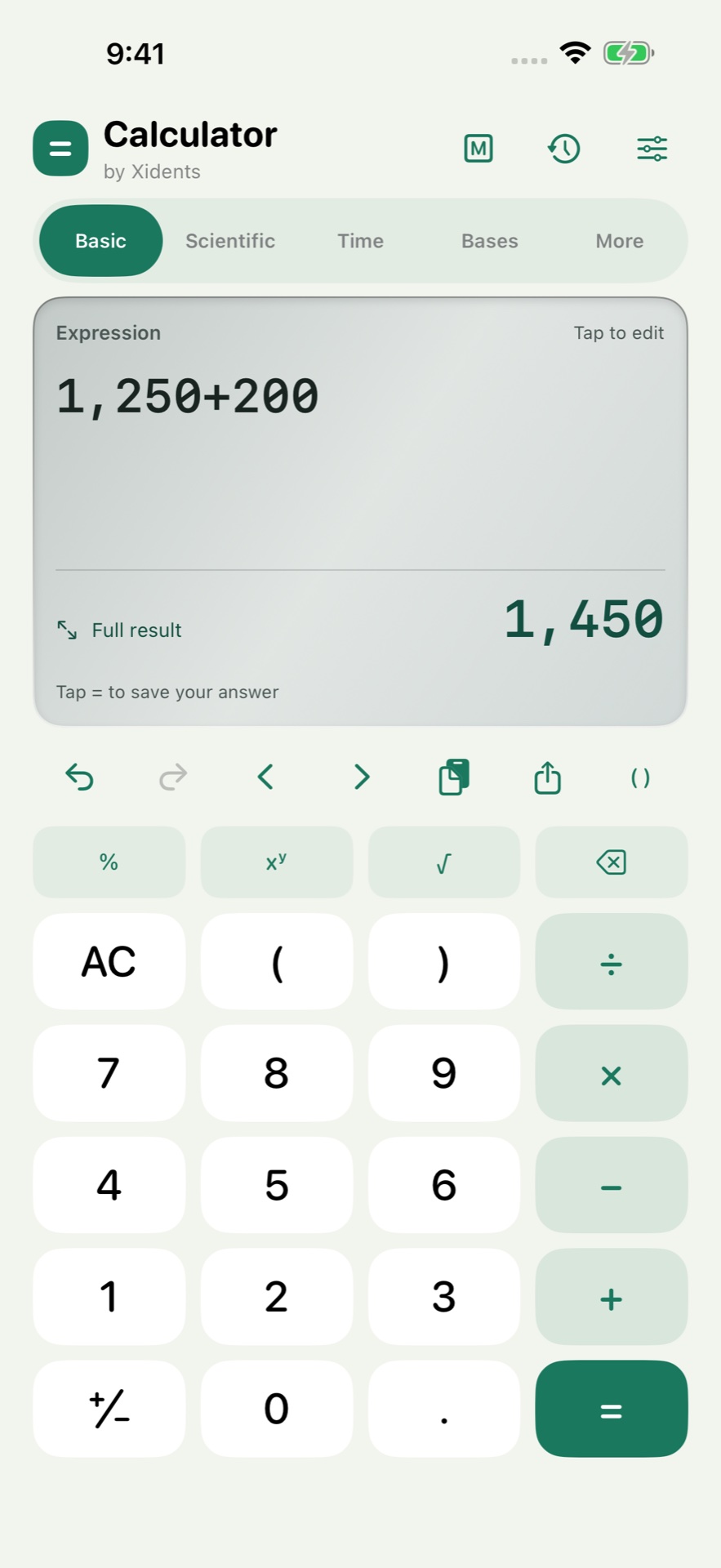 Xidents Calc showing an editable calculation in its silver display on iPhone