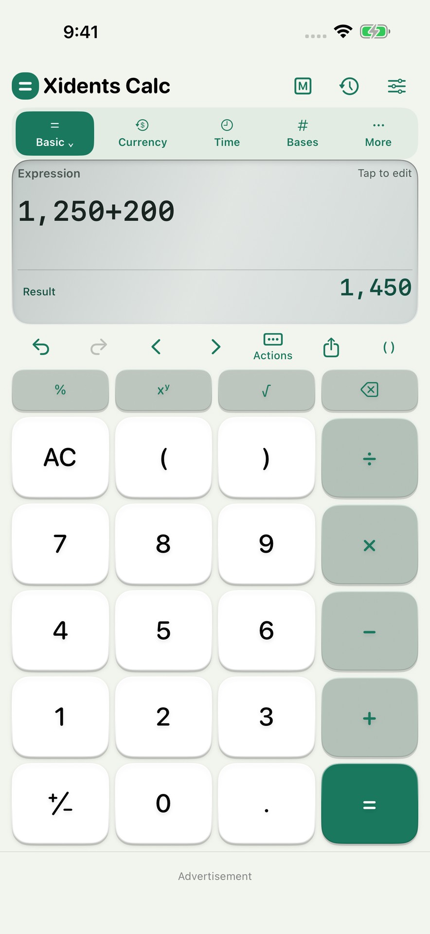 Xidents Calc showing an editable calculation in its silver display on iPhone