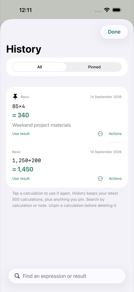 History showing a pinned 85 × 4 = 340 calculation with the note Weekend project materials.
