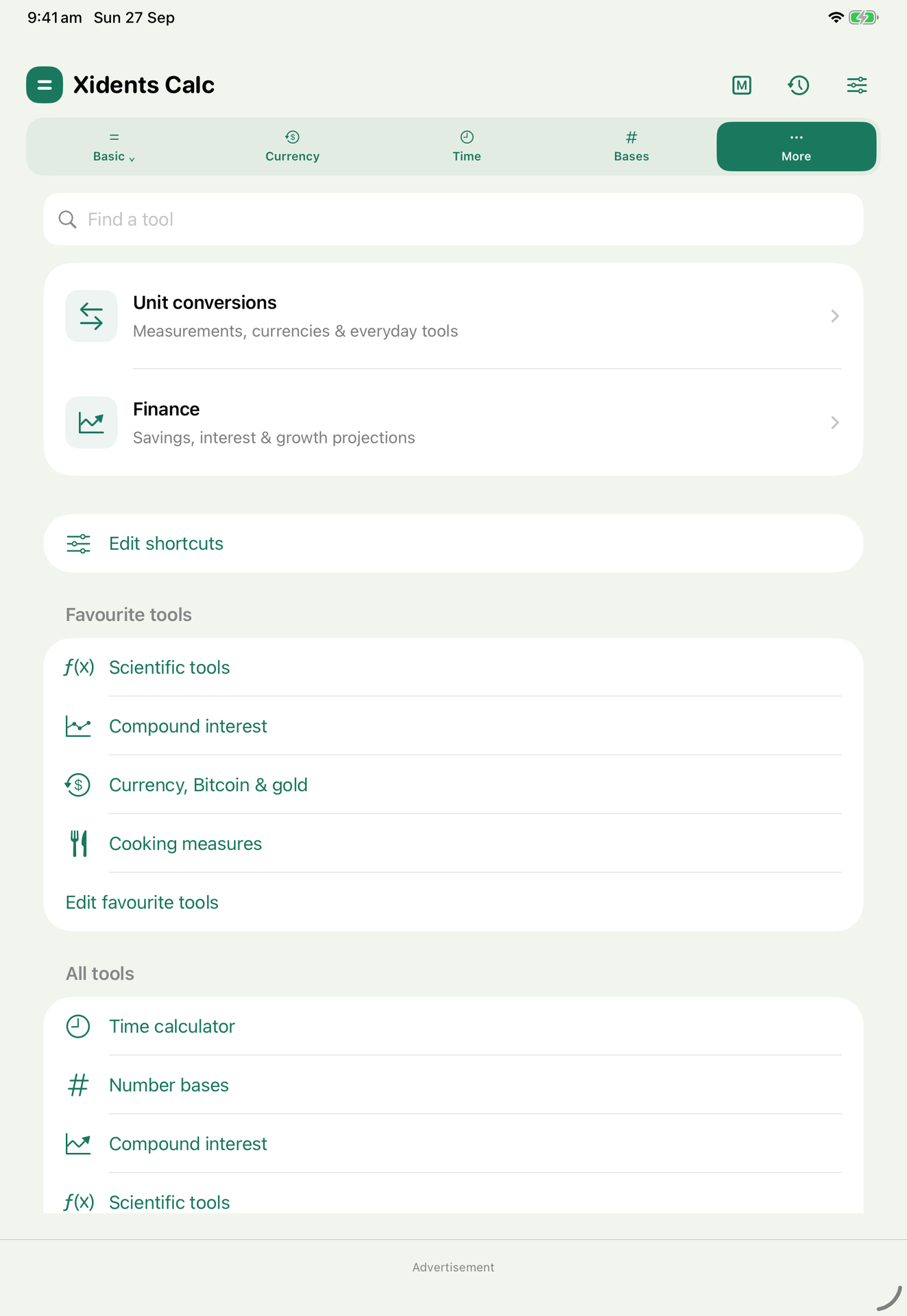 More mode on iPad with the calculator header and mode controls above favourite tools, Unit conversions and Finance.
