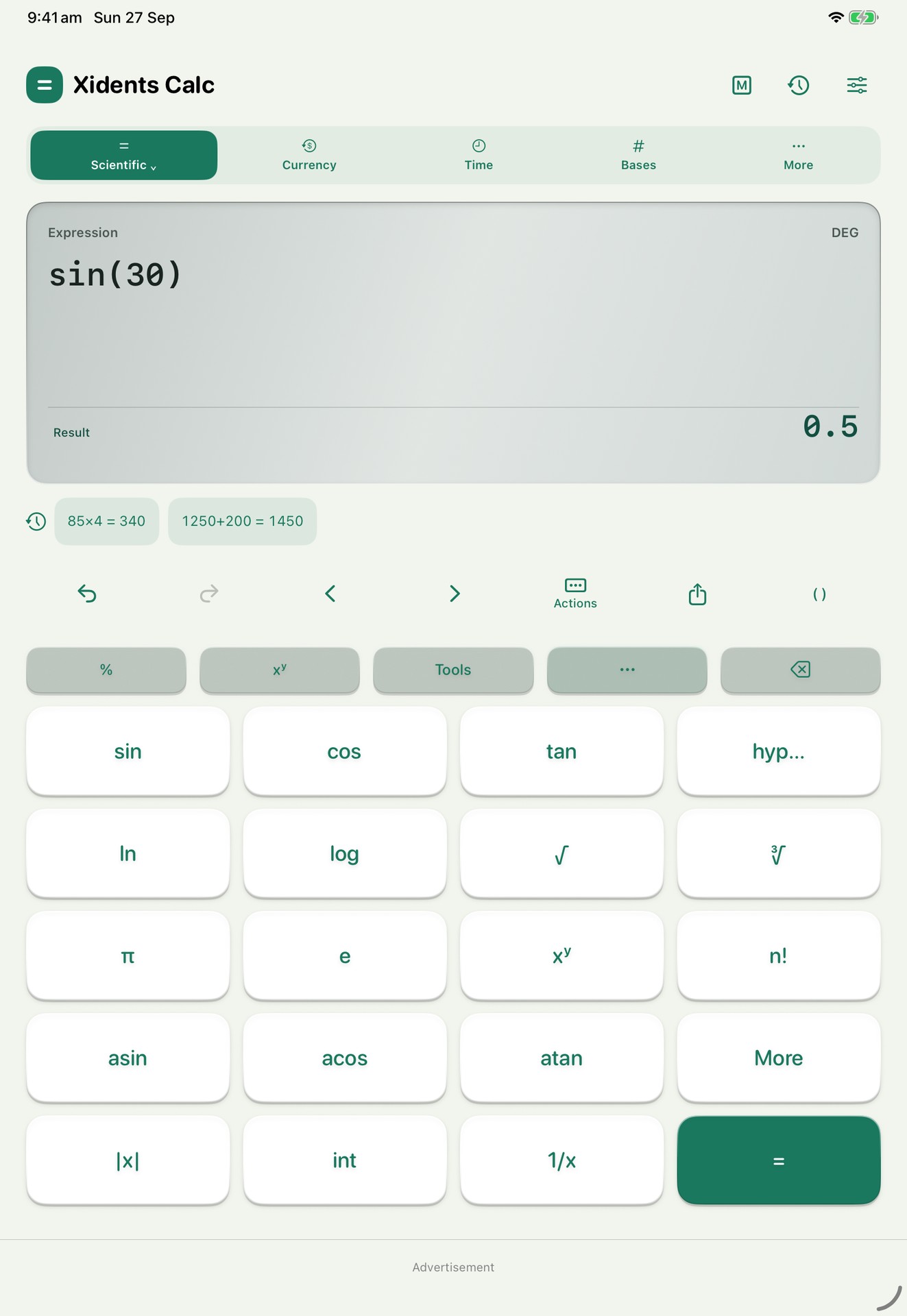 iPad scientific calculator with a silver display showing sin(30 degrees) = 0.5 above the scientific keypad.
