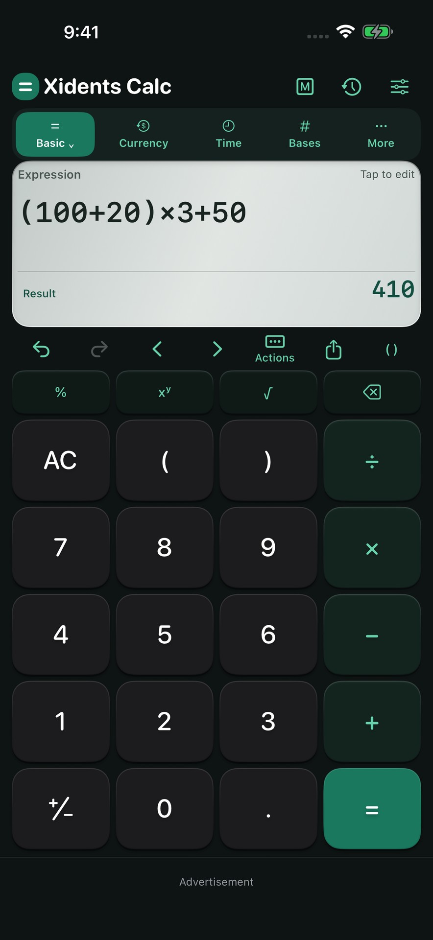 Dark-mode iPhone calculator with a silver expression display showing (100 + 20) × 3 + 50 = 410.